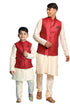 VASTRAMAY Maroon Woven Jacket With Cream Kurta and Pyjama Baap Beta Set